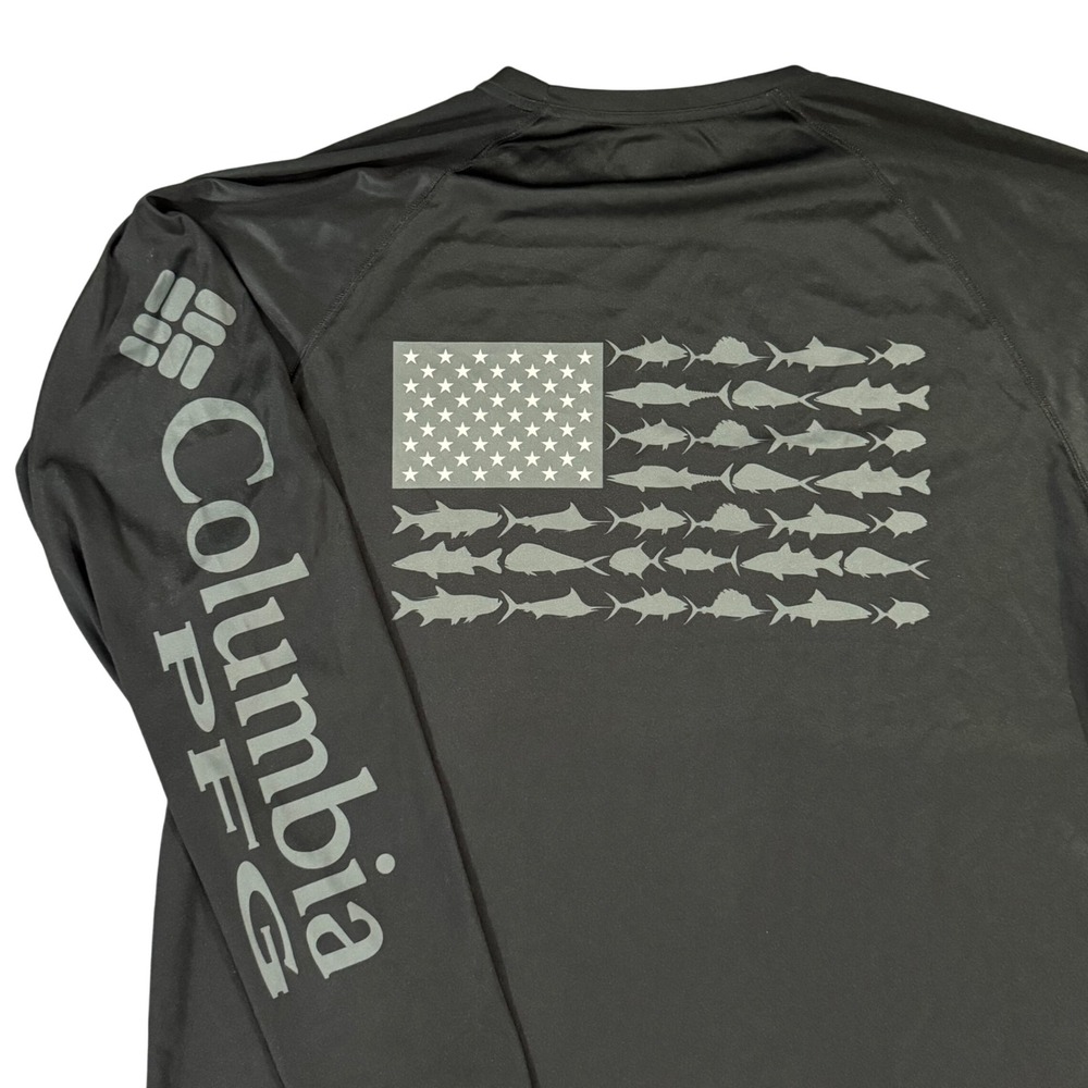 Columbia PFG Fishing Shirt Men Large Black Fish Flag Long Sleeve Performance Tee